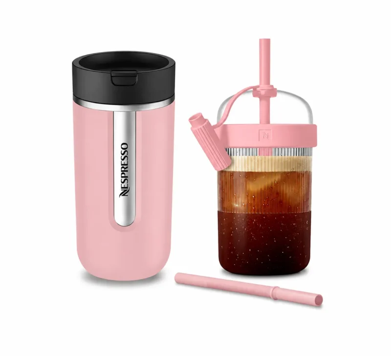 ست تراول ماگ و بطری نوشیدنی سرد نسپرسو Bubble Gum «صورتی» | Nespresso Travel Mug & Travel Tumbler Bubble Gum